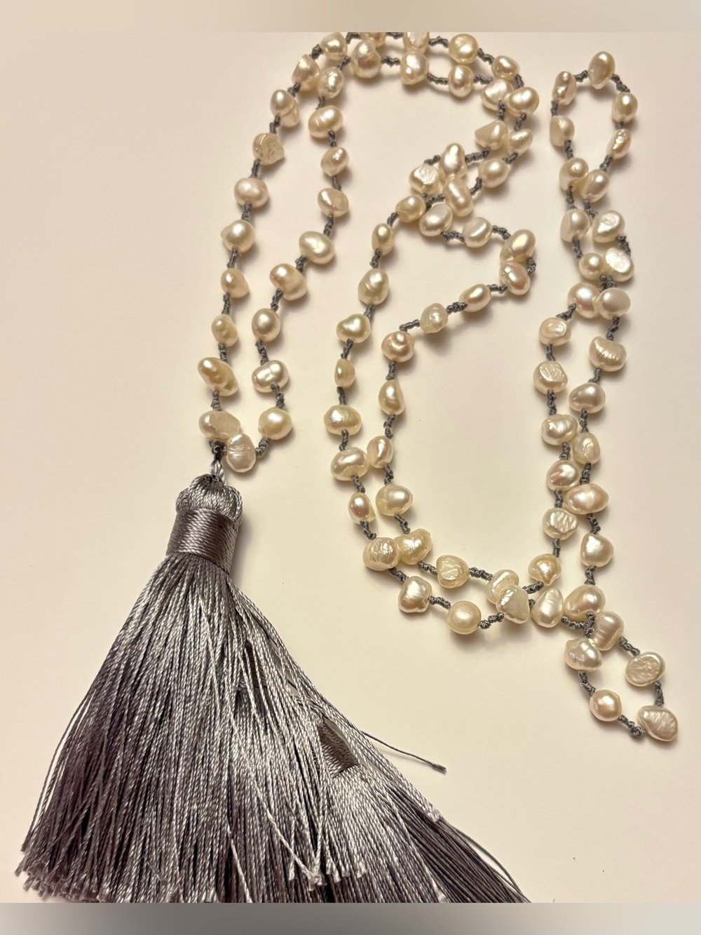 Freshwater Pearl Necklace with Silver Gray Tassel